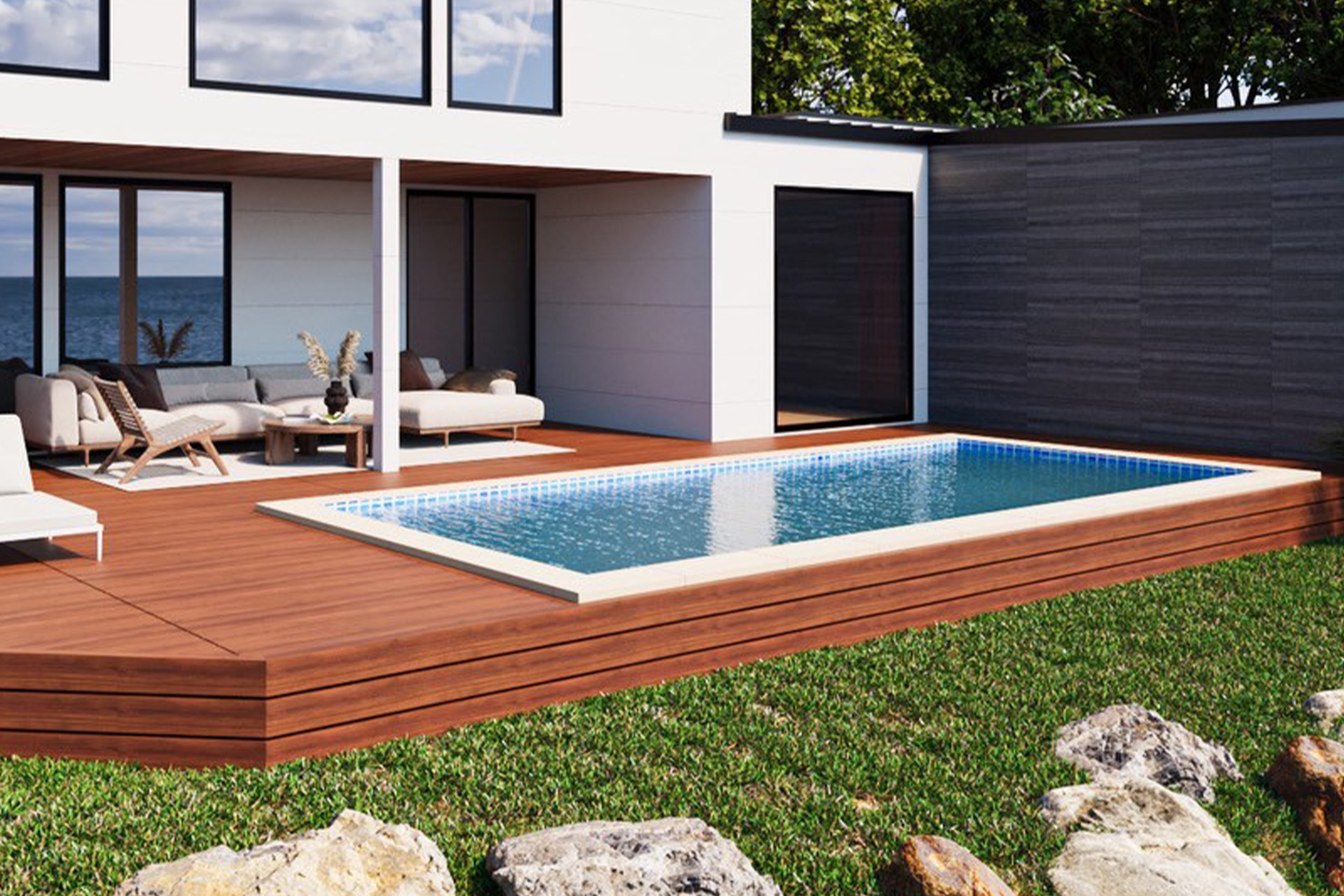 約12帖のウッドデッキ付きプールでアウトドアリビングを満喫